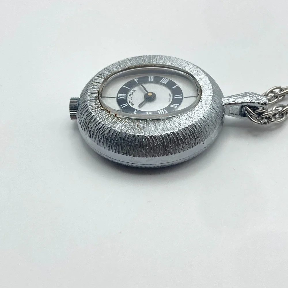 Vtg Woldman Necklace Pendant Watch Silver Tone Swiss Made 36mm Manual Wind Up